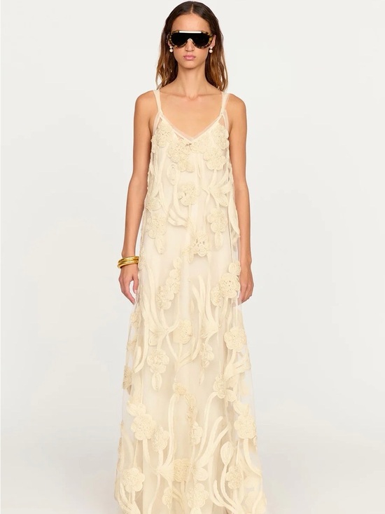 Eliou Dresses & Skirts - [sold out] Eliou Paula Dress - Cream Floral Appliqué Maxi Slip Dress with V-Neck